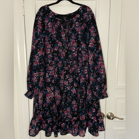 Torrid Black Floral Formal Longsleeve Purple Pink Blue Smocked Waist Flowy Dress - Picture 4 of 14